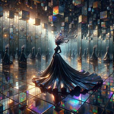 The primary subject of the image is a woman dressed in a long black gown, standing in a room with a mirrored surface. The setting appears to be a futuristic, artistic environment, possibly a museum or an art gallery. The visual style of the image is digital art, as it is a computer-generated or digitally rendered scene. The dominant colors in the image are black and various shades of blue, creating a moody and dramatic atmosphere.